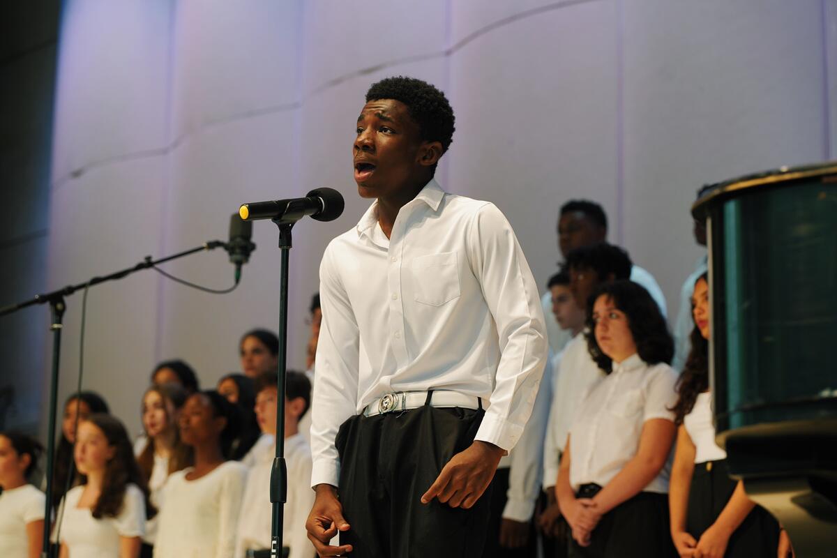 Usdan Summer Camp for the Arts Music students on stage at the McKinley Amphitheater
