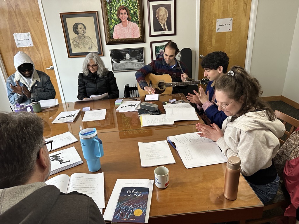 Ben Boecker and Billy Recce at a table read for Usdan-commissioned musicals.