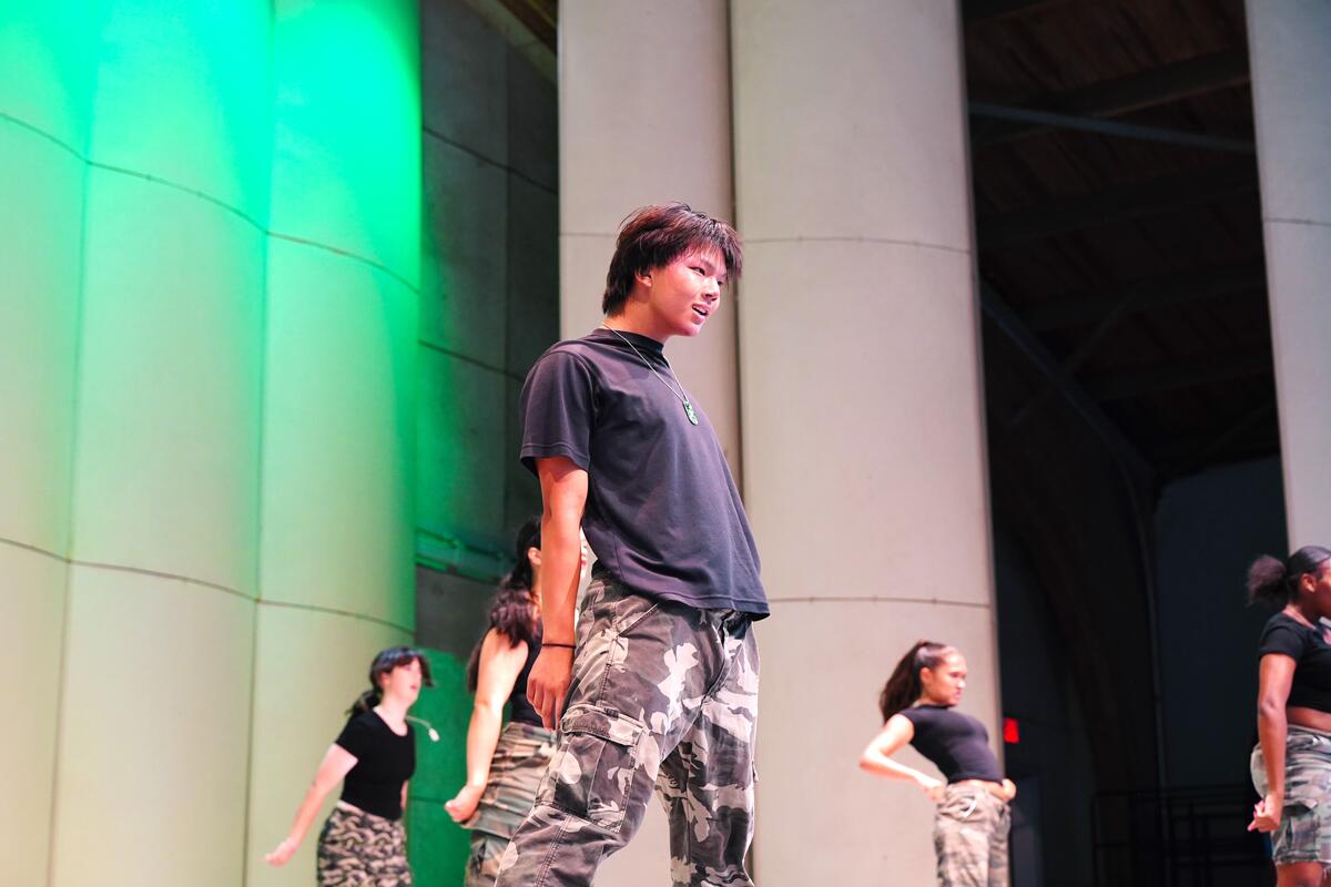 Usdan Summer Camp for the Arts Hip-Hop students perform on stage at the McKinley Amphitheater