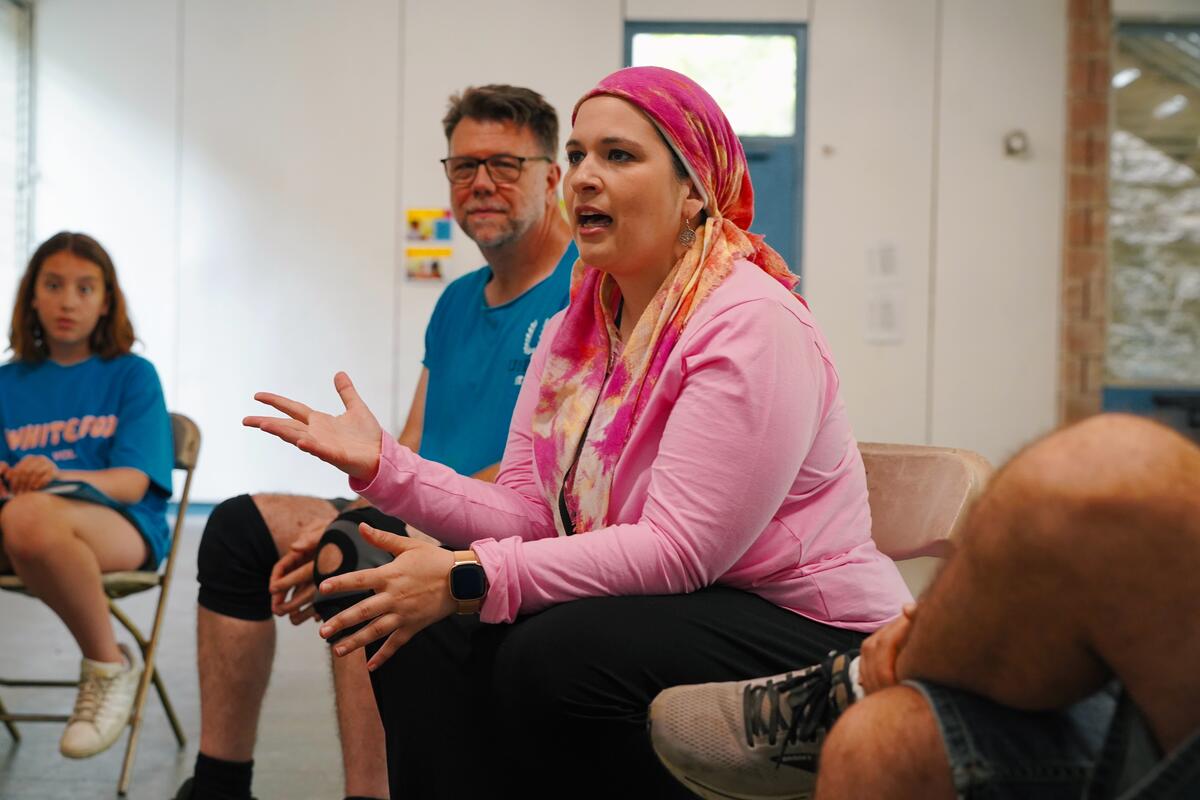 Novelist Mari Lowe speaks to a Musical Theater class at Usdan Summer Camp for the Arts