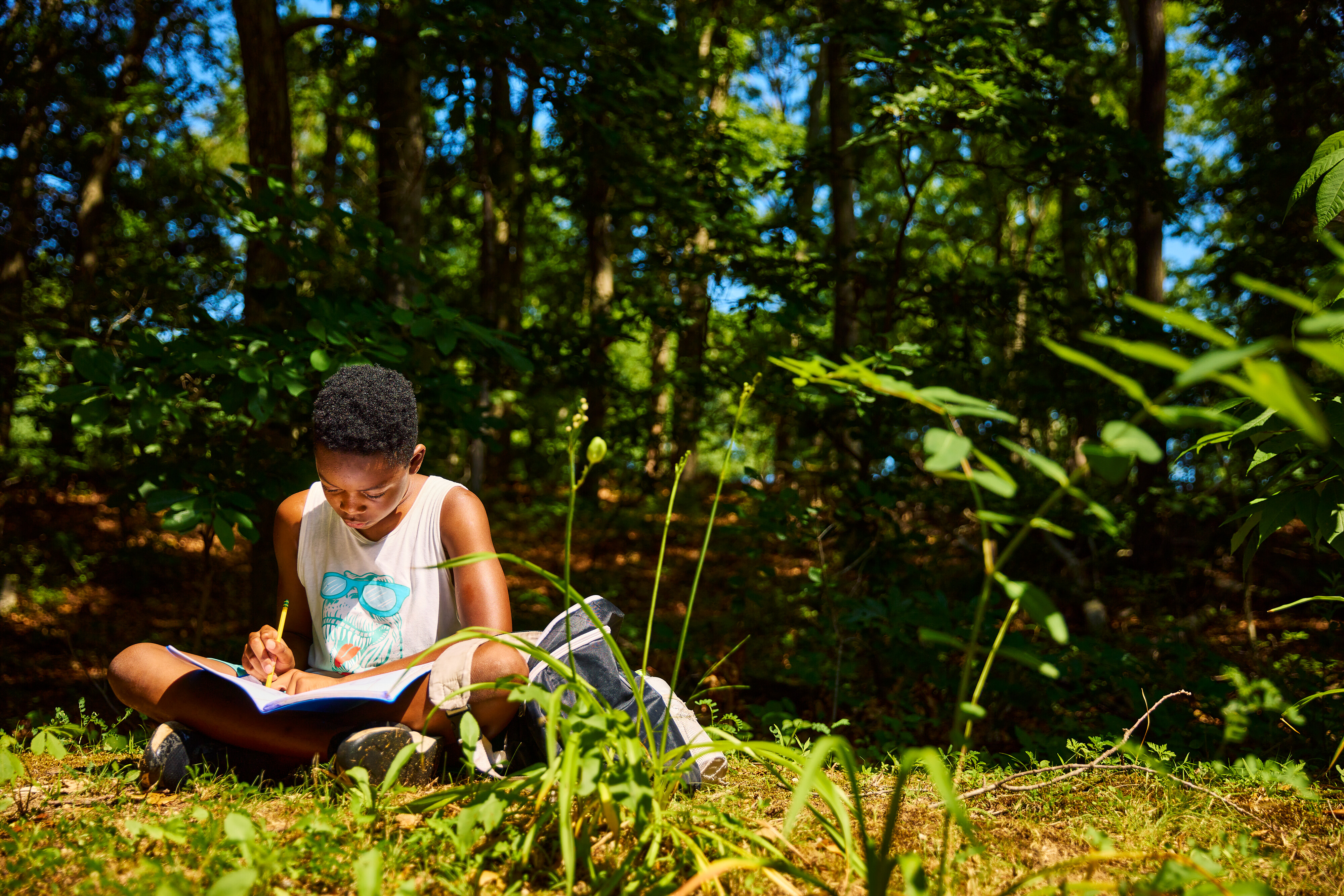 Usdan Summer Camp for the Arts creative writing students write outside