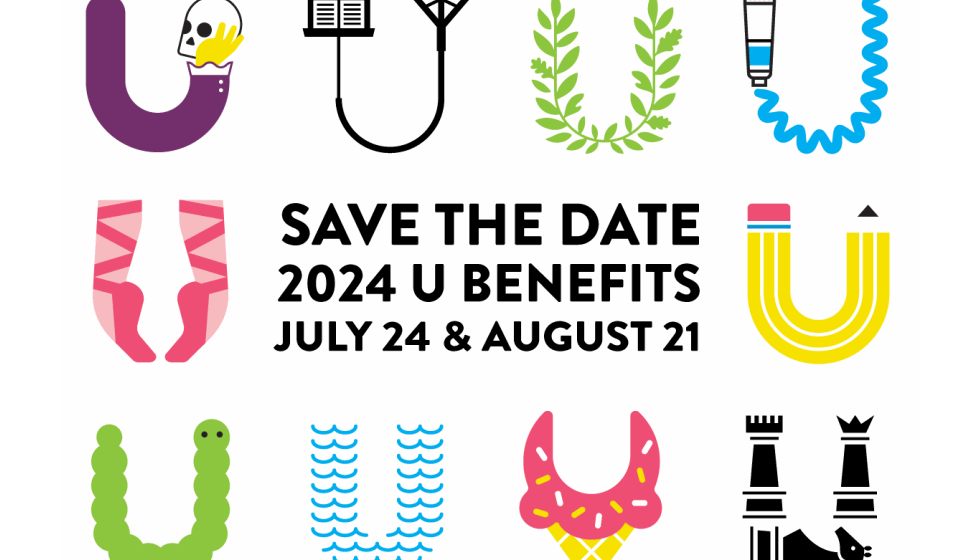 Graphic with 10 letter Us designed with the text "Save the Date 2024 U Benefits July 24 & August 21"