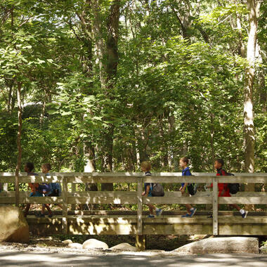 Young kids walking with a counselor over a bridge