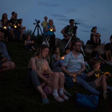 students work in twilight