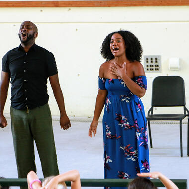 campers gather in the McKinley Amphitheater to watch performers Broadway World wrote up this year’s Broadway voices Laura Osnes, Adam Kaplan, Mat Eisenstein, Danyel Fulton, Douglas Lyons and T